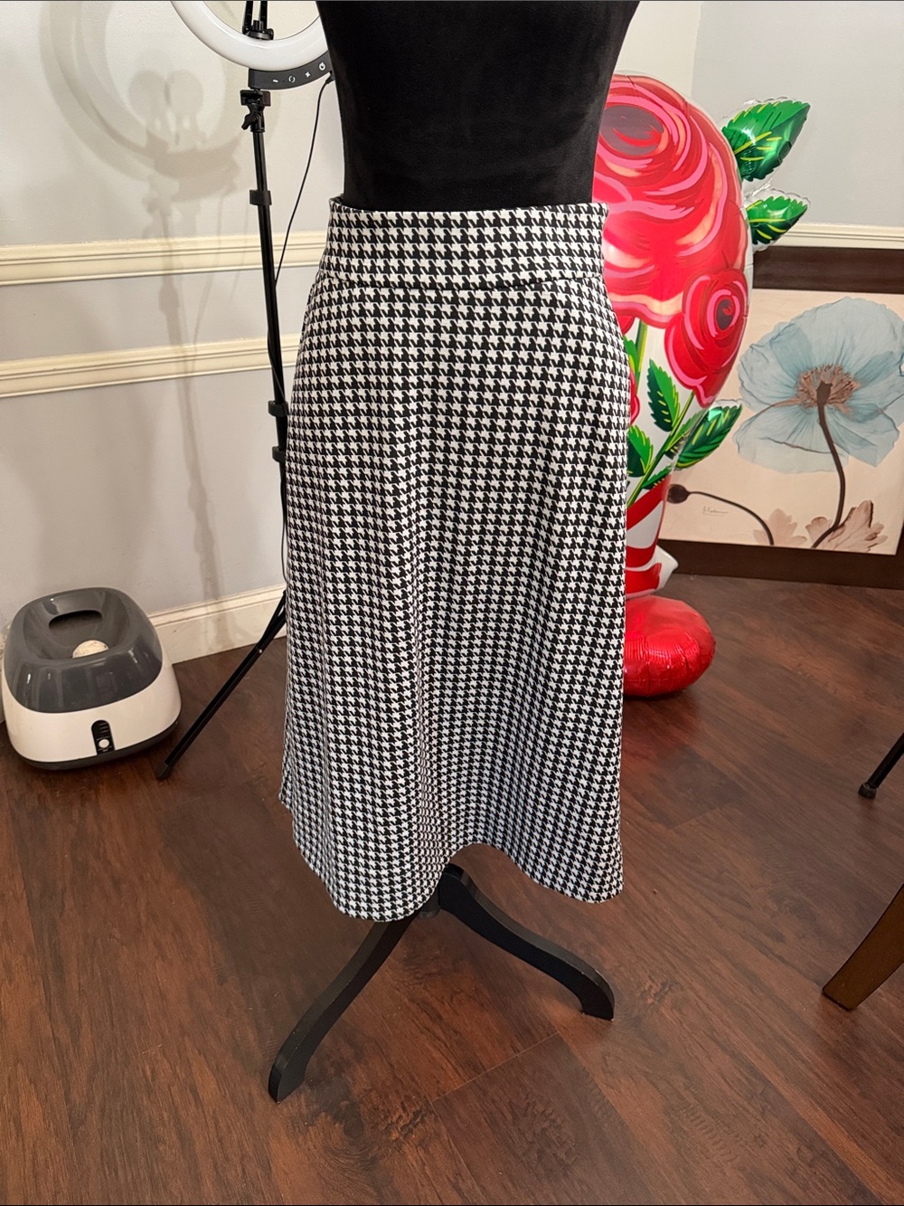 CAbi Black and White Houndstooth Midi Skirt